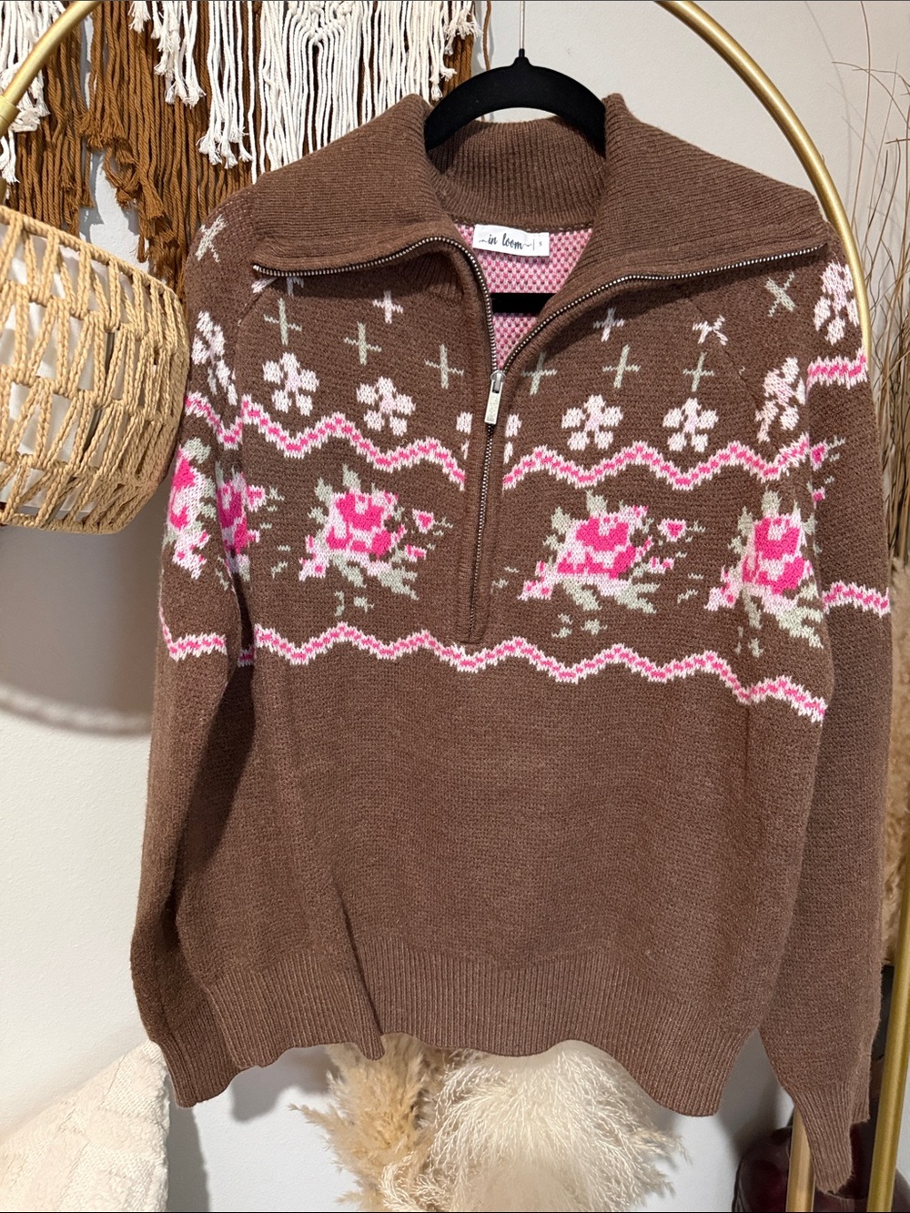 Cowl-Neck Brown Sweater with Pink Floral Jacquard